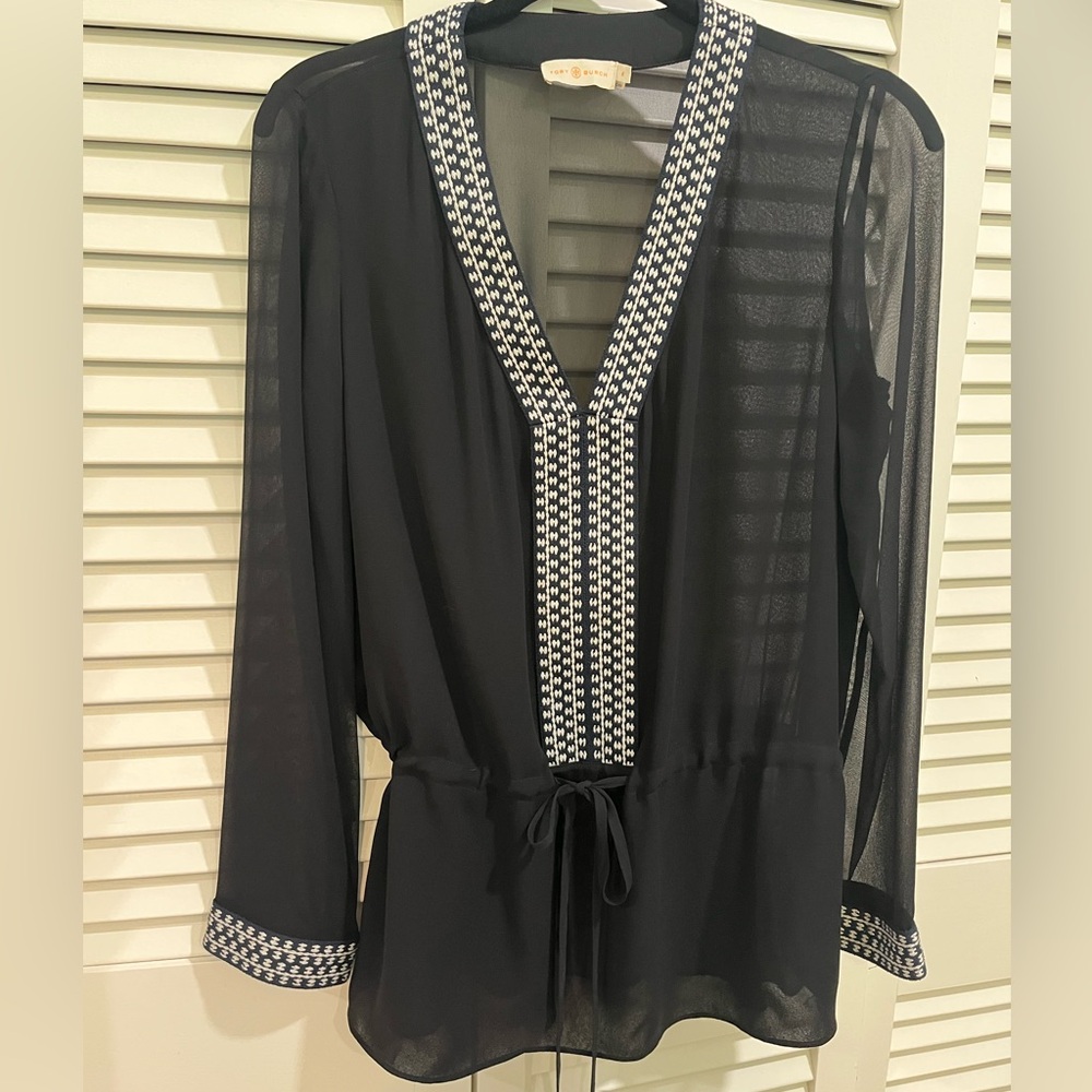 Tory Burch Black Sheer Blouse with White Trim